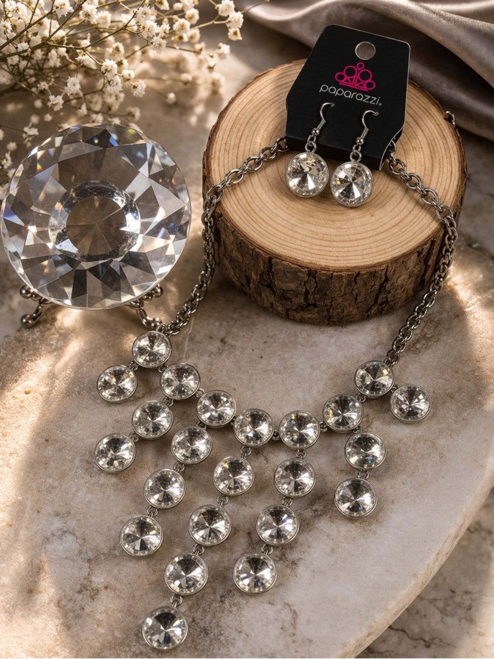 paparazzi Silver Clear Crystal Statement Bib Necklace with Matching Earrings
